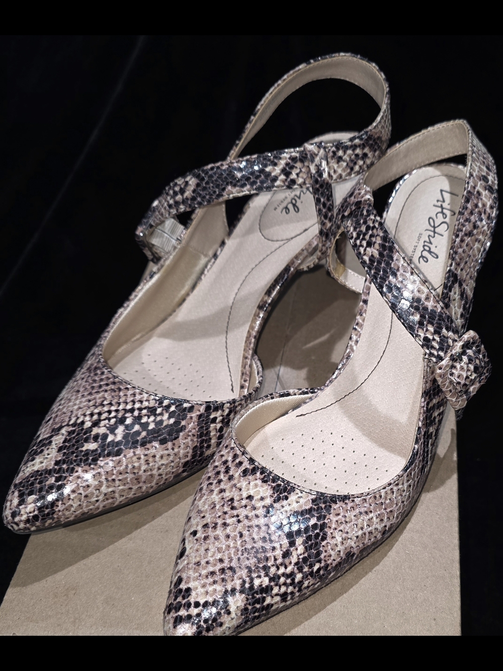 Life Stride Snake-Print Pointed Ankle-Strap Pumps - Beige/Tan/Black